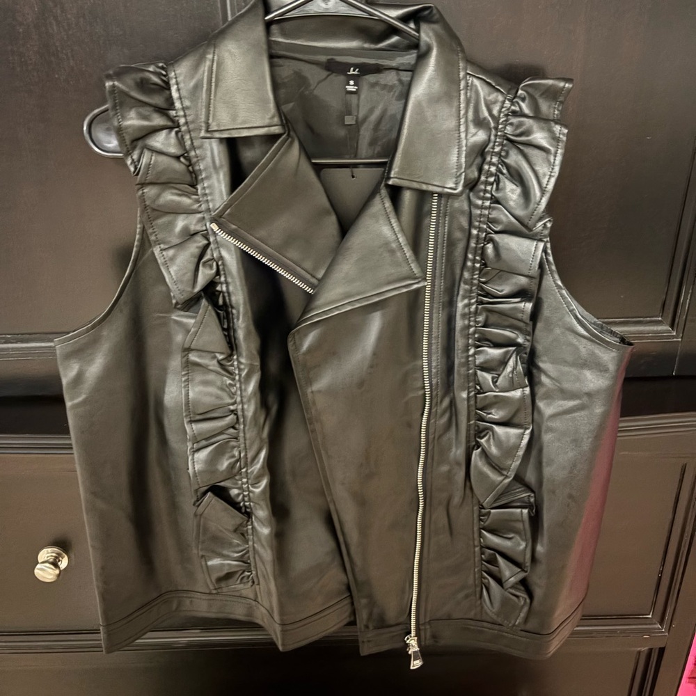 Elegant Black Leather Vest with Ruffle Accents